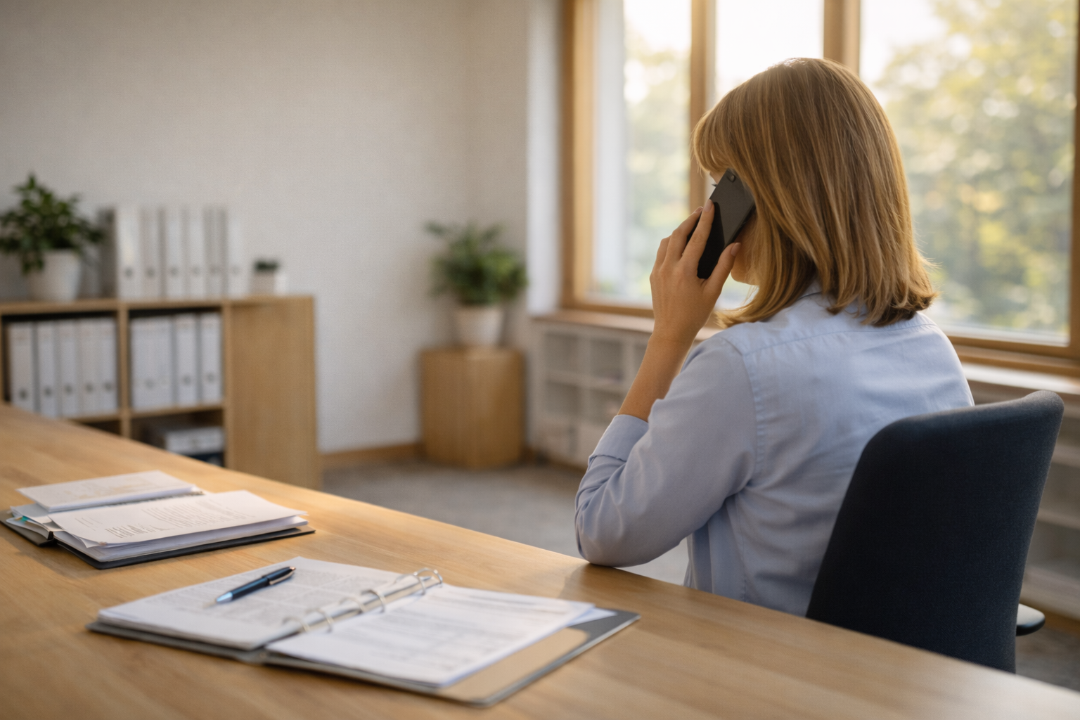 Susanne Swoboda am Telefon im Büro