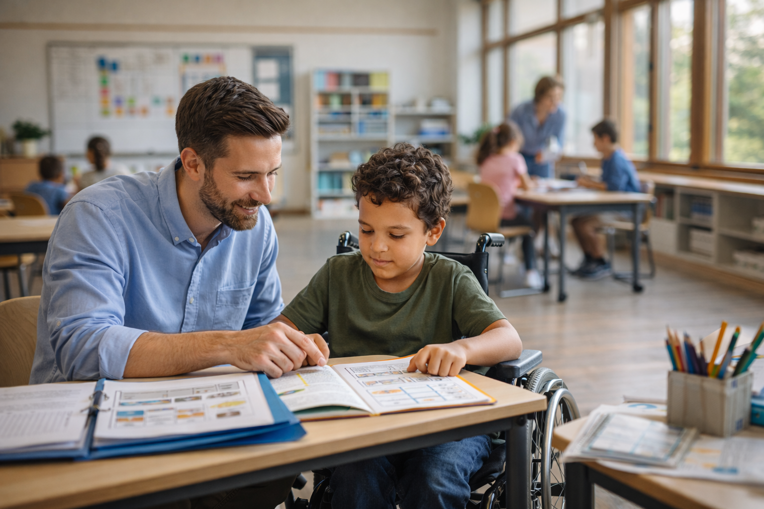 Schulbegleiter unterstützt Kind im Unterricht